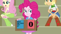 Size: 1280x720 | Tagged: safe, derpibooru import, edit, edited screencap, screencap, applejack, fluttershy, pinkie pie, equestria girls, equestria girls (movie), bleachers, boots, clothes, cowboy boots, cowboy hat, denim skirt, hat, high heel boots, kinda one-sided isn't it, open mouth, scoreboard, shoes, skirt, socks, space jam, stetson