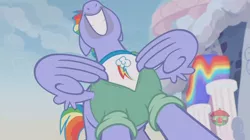 Size: 1236x692 | Tagged: safe, derpibooru import, screencap, bow hothoof, pony, parental glideance, bow's t-shirt, meme origin, nose in the air, treehouse logo, volumetric mouth, wing hands, wings