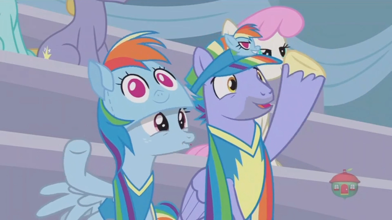 Size: 1236x692 | Tagged: safe, derpibooru import, screencap, bow hothoof, ponet, windy whistles, pony, parental glideance, cheering, female, hat, male, rainbow dash's parents, shipping, straight, visor, windyhoof