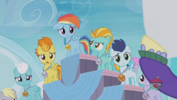 Size: 400x225 | Tagged: safe, derpibooru import, screencap, bow hothoof, derpy hooves, fleetfoot, flitter, lightning dust, rainbow dash, soarin', spitfire, pony, parental glideance, animated, colt, female, filly, filly derpy, filly fleetfoot, filly lightning dust, filly rainbow dash, filly spitfire, foal, gif, male, younger