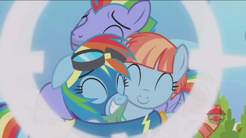 Size: 1366x768 | Tagged: safe, derpibooru import, screencap, bow hothoof, rainbow dash, windy whistles, pony, parental glideance, clothes, female, hug, male, rainbow dash's parents, shipping, straight, uniform, windyhoof, wonderbolts uniform