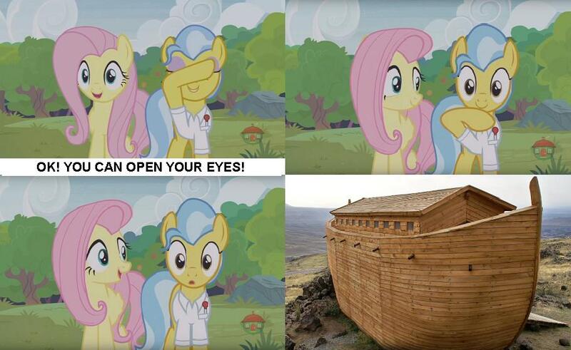 Size: 911x559 | Tagged: safe, derpibooru import, doctor fauna, fluttershy, pony, fluttershy leans in, ark, meme, noah's ark