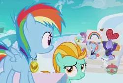 Size: 676x457 | Tagged: safe, derpibooru import, screencap, bow hothoof, lightning dust, rainbow dash, velvet light, windy whistles, pony, parental glideance, female, male, medal, podium, rainbow dash's parents, shipping, straight, windyhoof, younger