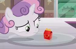 Size: 691x446 | Tagged: safe, derpibooru import, edit, edited screencap, screencap, sweetie belle, pony, forever filly, food, happy meal, mcdonald's, obligatory pony, plate, solo, sweetie's plate