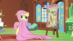 Size: 1920x1090 | Tagged: safe, derpibooru import, screencap, fluttershy, pegasus, pony, fluttershy leans in, c:, cute, female, fluttershy's dreamboard, mare, mouth hold, shyabetes, smiling, solo