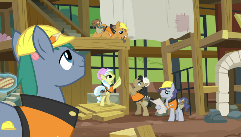 Size: 1920x1090 | Tagged: safe, derpibooru import, screencap, ambrosia, cindy block, hard hat (character), jack hammer, rivet, steam roller (character), pony, fluttershy leans in, construction pony