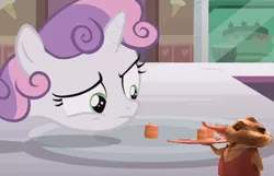 Size: 684x441 | Tagged: safe, derpibooru import, edit, edited screencap, screencap, sweetie belle, pony, shrew, unicorn, forever filly, cake, critter, food, meme, plate, servant, sweetie's plate, zootopia