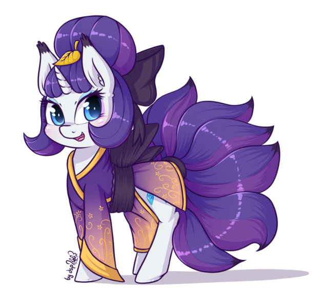 Size: 1187x1127 | Tagged: safe, artist:dsp2003, derpibooru import, rarity, pony, unicorn, clothes, cosplay, costume, dress, female, kimono (clothing), kitsune, leaf, mare, nightmare night, nightmare night costume, nine tailed fox, simple background, solo, transparent background