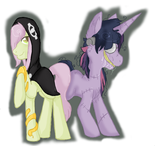 Size: 500x472 | Tagged: grimdark, derpibooru import, fluttershy, twilight sparkle, pony, unicorn, clothes, crossover, duo, female, hood, mare, medusa (soul eater), simple background, soul eater, transparent background, unicorn twilight