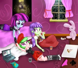 Size: 2300x2000 | Tagged: safe, artist:katakiuchi4u, derpibooru import, drama letter, mystery mint, starlight, watermelody, equestria girls, background human, beanie (plushie), bed, bedroom, beret, boots, clothes, computer, cute, food, hat, high heel boots, laptop computer, off shoulder, pantyhose, pizza, plushie, ripped pantyhose, shirt, shoes, skirt, smiling, trio
