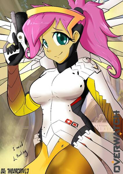 Size: 723x1023 | Tagged: artist:thearcano13, crossover, derpibooru import, fluttershy, human, humanized, implied genji (overwatch), mercy, mercyshy, overwatch, ponytail, safe, solo