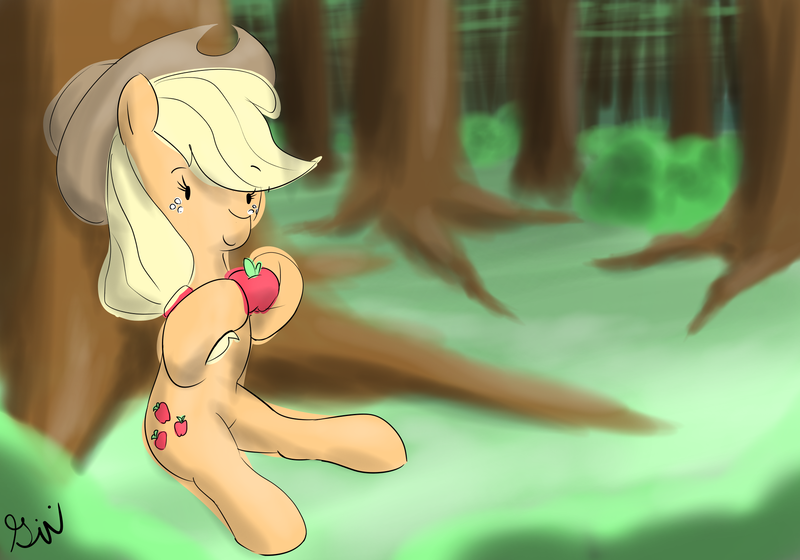 Size: 2000x1400 | Tagged: safe, artist:gloryworm, derpibooru import, applejack, pony, apple, applejack's hat, bush, cowboy hat, food, forest, grass, hat, holding, scenery, sitting, solo, tree