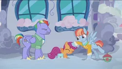 Size: 1280x720 | Tagged: safe, derpibooru import, screencap, bow hothoof, scootaloo, windy whistles, pony, parental glideance, female, male, noogie, petting, rainbow dash's parents, scootalove, shipping, straight, windyhoof