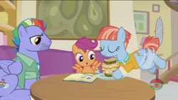 Size: 1280x720 | Tagged: safe, derpibooru import, screencap, bow hothoof, scootaloo, windy whistles, pony, parental glideance, female, food, male, pasta and potato sandwich on sourdough, rainbow dash's parents, sandwich, scrapbook, shipping, straight, table, windyhoof