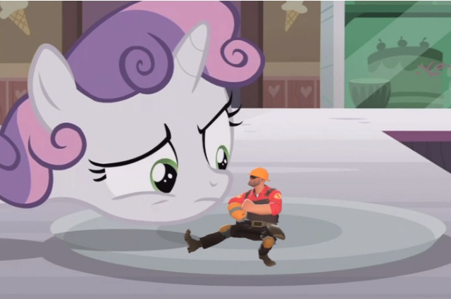 Size: 640x425 | Tagged: safe, derpibooru import, edit, edited screencap, screencap, sweetie belle, pony, forever filly, dancing, engineer, kazotsky kick, meme, micro, sweetie's plate, team fortress 2, this will end in death, this will end in explosions, tiny desk engineer