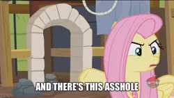 Size: 887x500 | Tagged: safe, derpibooru import, edit, edited screencap, screencap, fluttershy, pony, fluttershy leans in, and then there's this asshole, annoyed, door, exploitable meme, meme, solo, vulgar