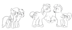 Size: 1024x435 | Tagged: safe, artist:karmadash, derpibooru import, big macintosh, bow hothoof, rainbow dash, windy whistles, earth pony, pony, female, male, mare, monochrome, rainbow dash's parents, rainbowmac, shipping, sketch, stallion, straight, windyhoof