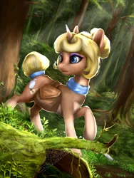Size: 1500x2000 | Tagged: dead source, safe, artist:rossignolet, derpibooru import, oc, oc:crème puff, unofficial characters only, pony, unicorn, bag, eyeshadow, female, forest, grass, hair bun, looking back, makeup, mare, mother, raised hoof, request, requested art, saddle bag, scenery, solo, spider web, sunlight, tail bun, tree