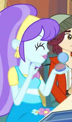 Size: 537x909 | Tagged: safe, derpibooru import, screencap, aqua blossom, normal norman, equestria girls, equestria girls (movie), background human, bowtie, clothes, compact mirror, cropped, ear piercing, earring, eyes closed, flower, hat, jacket, jewelry, mascara, mirror, piercing