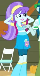 Size: 472x879 | Tagged: safe, derpibooru import, screencap, aqua blossom, captain planet, equestria girls, equestria girls (movie), animation error, aqua blossom's stealth third arm, background human, boots, bracelet, chair, cropped, ear piercing, earring, flower, jewelry, piercing, pumpkin, shoes, smiling, streamers, time to come together