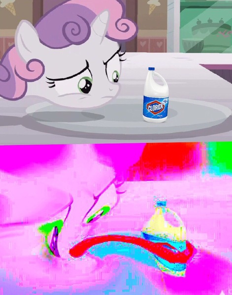 Size: 782x997 | Tagged: safe, derpibooru import, edit, edited screencap, screencap, sweetie belle, pony, unicorn, forever filly, bleach, clorox, deep fried meme, meme, sweetie's plate, wat