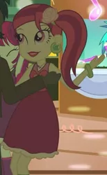 Size: 295x478 | Tagged: safe, derpibooru import, screencap, mystery mint, rose heart, thunderbass, vinyl scratch, equestria girls, equestria girls (movie), bracelet, cropped, ear piercing, earring, eyes closed, fall formal outfits, flower, flower in hair, heart, jewelry, necklace, piercing, this is our big night