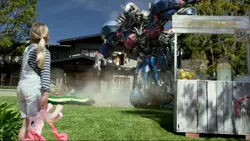 Size: 1136x640 | Tagged: safe, derpibooru import, pinkie pie, pony, clash of hasbro's titans, commercial, commercial reference, house, irl, lemonade stand, live action, optimus prime, photo, playground, plushie, pony cameo, pony reference, schick hydro, towel, toy, transformers, transformers the last knight, tree, upside down