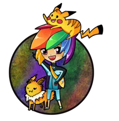 Size: 886x904 | Tagged: artist:blaans, chibi, derpibooru import, human, humanized, jolteon, pikachu, pokémon, rainbow dash, safe