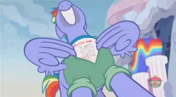 Size: 3392x1868 | Tagged: safe, derpibooru import, edit, edited screencap, screencap, bow hothoof, pony, parental glideance, bow's t-shirt, greg universe, nose in the air, steven universe, volumetric mouth, wing hands, wings