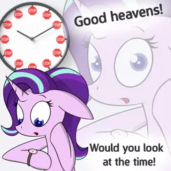 Size: 1000x1000 | Tagged: safe, artist:pandramodo, artist:pj-nsfw, derpibooru import, starlight glimmer, pony, unicorn, floppy ears, it's time to stop, just look at the time, look at the time, meme, open mouth, stop sign, watch, wristwatch, zoom layer