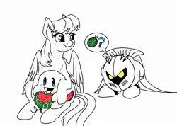 Size: 2388x1702 | Tagged: safe, artist:tillie-tmb, derpibooru import, oc, oc:melon seed, pegasus, pony, crossover, female, food, kirby, kirby (character), mare, meta knight, monochrome, neo noir, partial color, watermelon