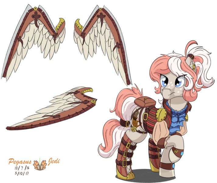 Size: 2378x2000 | Tagged: safe, artist:floofyfoxcomics, derpibooru import, oc, oc:peppermint mocha (pegasusjedi), unofficial characters only, pegasus, pony, clothes, female, high res, mare, raised hoof, solo, steampunk, wingblade, wings
