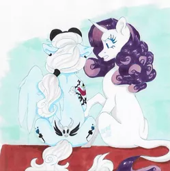 Size: 628x631 | Tagged: safe, artist:frozensoulpony, derpibooru import, rarity, oc, oc:aphrodite's kiss, pegasus, pony, unicorn, amputee, bandage, female, leonine tail, mare, missing limb, missing wing, one winged pegasus, stump, tattoo, traditional art