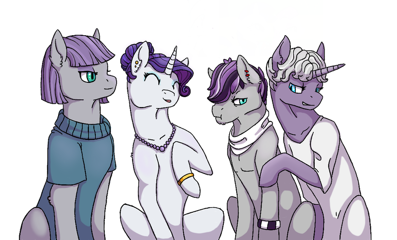 Size: 1148x695 | Tagged: safe, artist:anonymous-potayto, derpibooru import, boulder (pet), maud pie, rarity, oc, oc:amethyst, oc:geode, earth pony, pony, unicorn, cargo ship, female, lesbian, magical lesbian spawn, male, mare, maulder berry, offspring, parent:maud pie, parent:rarity, parents:rarimaud, rarimaud, rockcon, rule 63, shipping, simple background, stallion, white background