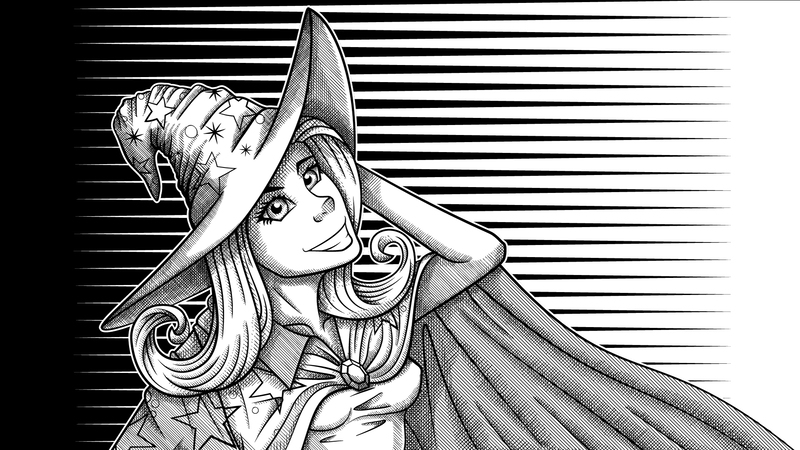 Size: 1920x1080 | Tagged: artist:lykas13, black and white, cape, clothes, crosshatch, derpibooru import, grayscale, hat, human, humanized, monochrome, safe, solo, trixie, trixie's cape, trixie's hat