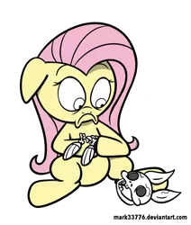 Size: 858x1011 | Tagged: safe, artist:mark33776, derpibooru import, angel bunny, fluttershy, pony, bone, dead, ear bones, female, floppy ears, fluttershy's baby, mare, shocked, shocked expression, sitting, skeleton, skull, this will end in tears