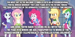 Size: 800x390 | Tagged: safe, derpibooru import, screencap, applejack, fluttershy, pinkie pie, rainbow dash, rarity, equestria girls, equestria girls (movie), caption, female, humane five, image macro, meme, pinkie has a crazy idea, sheldon cooper, text, the big bang theory, tl;dr