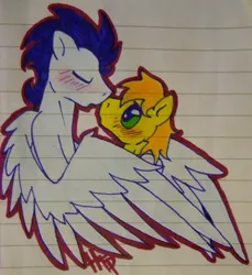Size: 368x401 | Tagged: artist:haterthepony, blushing, braeburn, derpibooru import, gay, imminent kissing, kissing, lined paper, male, safe, shipping, soarburn, soarin', traditional art