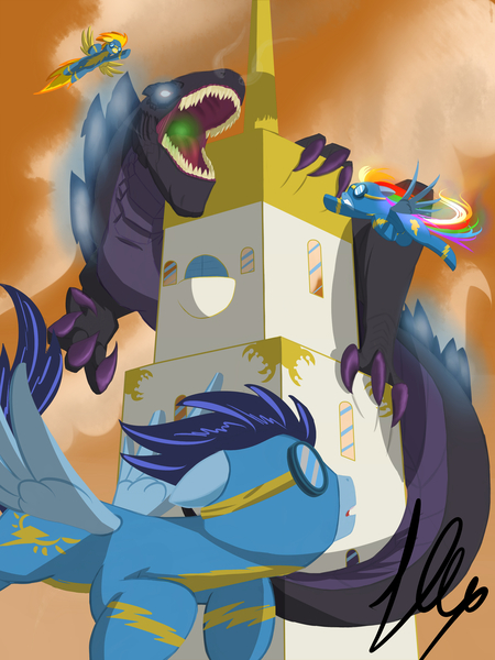 Size: 3000x4000 | Tagged: safe, artist:ksavputin, derpibooru import, rainbow dash, soarin', spitfire, kaiju, pony, crossover, fight, flying, godzilla (gts), godzilla (series), godzilla the series, high res, size difference, wonderbolts, zilla junior