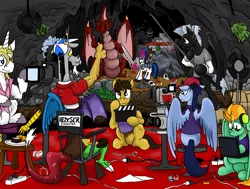 Size: 2364x1788 | Tagged: safe, artist:witkacy1994, derpibooru import, caramel, discord, lightning dust, prince blueblood, shining armor, soarin', thunderlane, dragon, pony, armor, chair, director's chair, filming, movie set