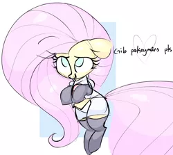 Size: 1589x1418 | Tagged: safe, artist:hattsy, derpibooru import, fluttershy, pony, boots, clothes, cosplay, costume, cute, dialogue, drawthread, gloves, pokémon, shirt, shoes, shyabetes, skirt, smiling, solo, team rocket, thigh boots
