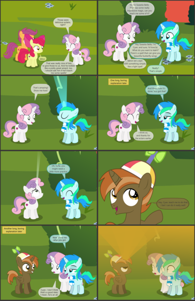 Size: 4550x7000 | Tagged: safe, artist:cyanlightning, derpibooru import, apple bloom, button mash, scootaloo, sweetie belle, oc, oc:cyan lightning, alicorn, earth pony, pegasus, pony, unicorn, comic:cyan's adventure, .svg available, absurd resolution, alicornified, buttoncorn, clothes, colt, comic, cutie mark crusaders, female, filly, hat, magic, male, mare, race swap, scarf, vector