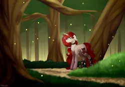 Size: 3000x2072 | Tagged: safe, artist:ohhoneybee, derpibooru import, oc, oc:teddy, unofficial characters only, firefly (insect), insect, pony, unicorn, clothes, female, forest, high res, mare, socks, solo, tree