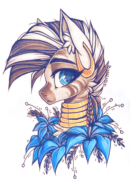 Size: 1429x2051 | Tagged: safe, artist:tenebristayga, derpibooru import, edit, editor:dsp2003, zecora, zebra, :<, bust, cheek fluff, chest fluff, cute, ear fluff, ear piercing, earring, female, flower, image, jewelry, looking at you, mare, piercing, png, poison joke, portrait, retouched, simple background, solo, traditional art, white background, zecorable