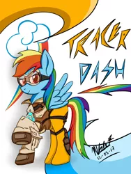 Size: 1944x2592 | Tagged: safe, artist:viejillox64art, derpibooru import, rainbow dash, pegasus, pony, analiz sánchez, crossover, fanart, female, goggles, latin american, mare, overwatch, rainbow tracer, solo, tracer, voice actor joke