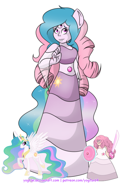 Size: 1024x1536 | Tagged: safe, artist:yogfan, derpibooru import, princess celestia, alicorn, pony, clothes, crossover, dress, female, fusion, mare, rose quartz (steven universe), shield, simple background, solo, steven universe, sword, three eyes, transparent background, weapon