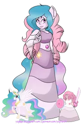 Size: 1024x1536 | Tagged: safe, artist:yogfan, derpibooru import, princess celestia, alicorn, pony, clothes, crossover, dress, female, fusion, mare, rose quartz (steven universe), shield, simple background, solo, steven universe, sword, three eyes, transparent background, weapon