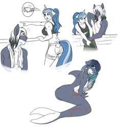 Size: 1024x1079 | Tagged: suggestive, artist:blackblood-queen, derpibooru import, oc, oc:bubble lee, oc:imago, oc:mako, oc:nerissa (blackblood-queen), unofficial characters only, anthro, earth pony, hybrid, orca, orca pony, original species, unicorn, anthro oc, breasts, casual nudity, clothes, covered, female, interspecies offspring, makolee, male, mare, midriff, monochrome, net, nudity, offspring, parent:oc:primrose (blackblood-queen), shipping, sketch, sports bra, stallion, story in the source, story included, straight