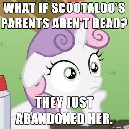 Size: 500x500 | Tagged: safe, derpibooru import, sweetie belle, pony, caption, exploitable meme, harsher in hindsight, hilarious in hindsight, image macro, meme, obligatory pony, scootadad, scootaloo's parents, sudden clarity sweetie belle, text