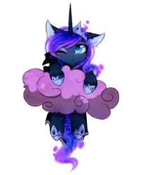Size: 1901x2295 | Tagged: safe, artist:magnaluna, derpibooru import, princess luna, alicorn, pony, :<, blushing, cheek fluff, chibi, cloud, crown, curved horn, cute, ear fluff, ethereal mane, female, galaxy mane, hang in there, hanging, heart, heart eyes, horn, jewelry, leg fluff, lunabetes, mare, one eye closed, regalia, simple background, solo, transparent background, wingding eyes